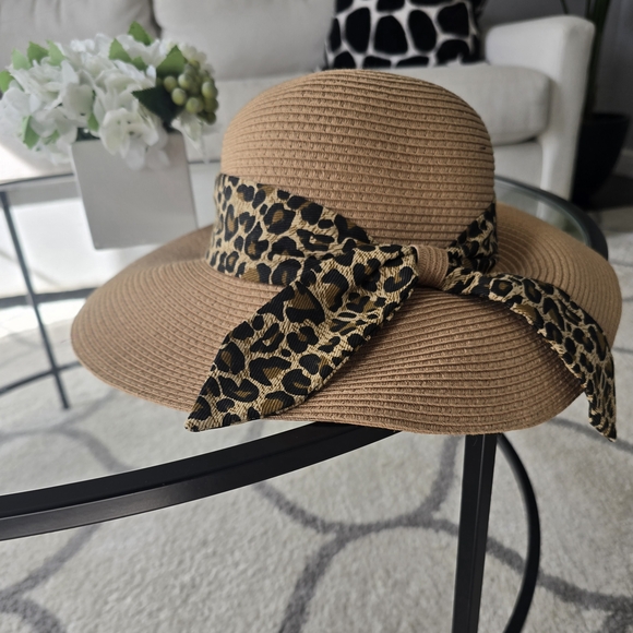 Nine West Leopard Print Bow Tan Sun Hat New - Picture 1 of 3